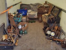 An entire workshop contents of tools, including a Victorian workbox with contents; bull nose