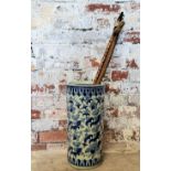 Please note LOT WITHDRAWN - A Chinese blue and white cylindrical stick stand, six character marks to