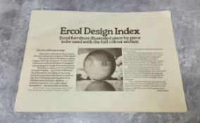 An Ercol Design Index showing furniture illustrations, model names, patterns and exact dimensions