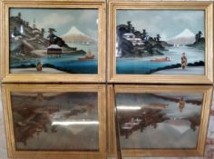 A pair of late 19th / early 20th century Japanese reverse paintings on glass, depicting Mount