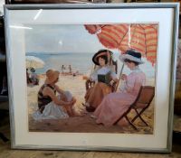 After Alfred Victor Fournier 'La Plage' a large high quality print of Edwardians on the beach, label