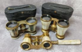 Three pairs of mother of pearl, snail shell and abalone opera glasses, early 20th century