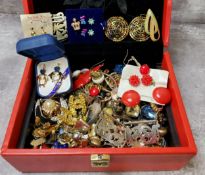 Costume Jewellery - a jewellery box full of early 20th century and later gold coloured earrings;