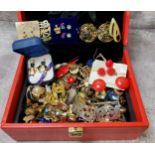 Costume Jewellery - a jewellery box full of early 20th century and later gold coloured earrings;