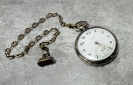 A Swiss silver Eterna pocket watch, white enamel dial, Arabic numerals, subsidiary second dial ; a