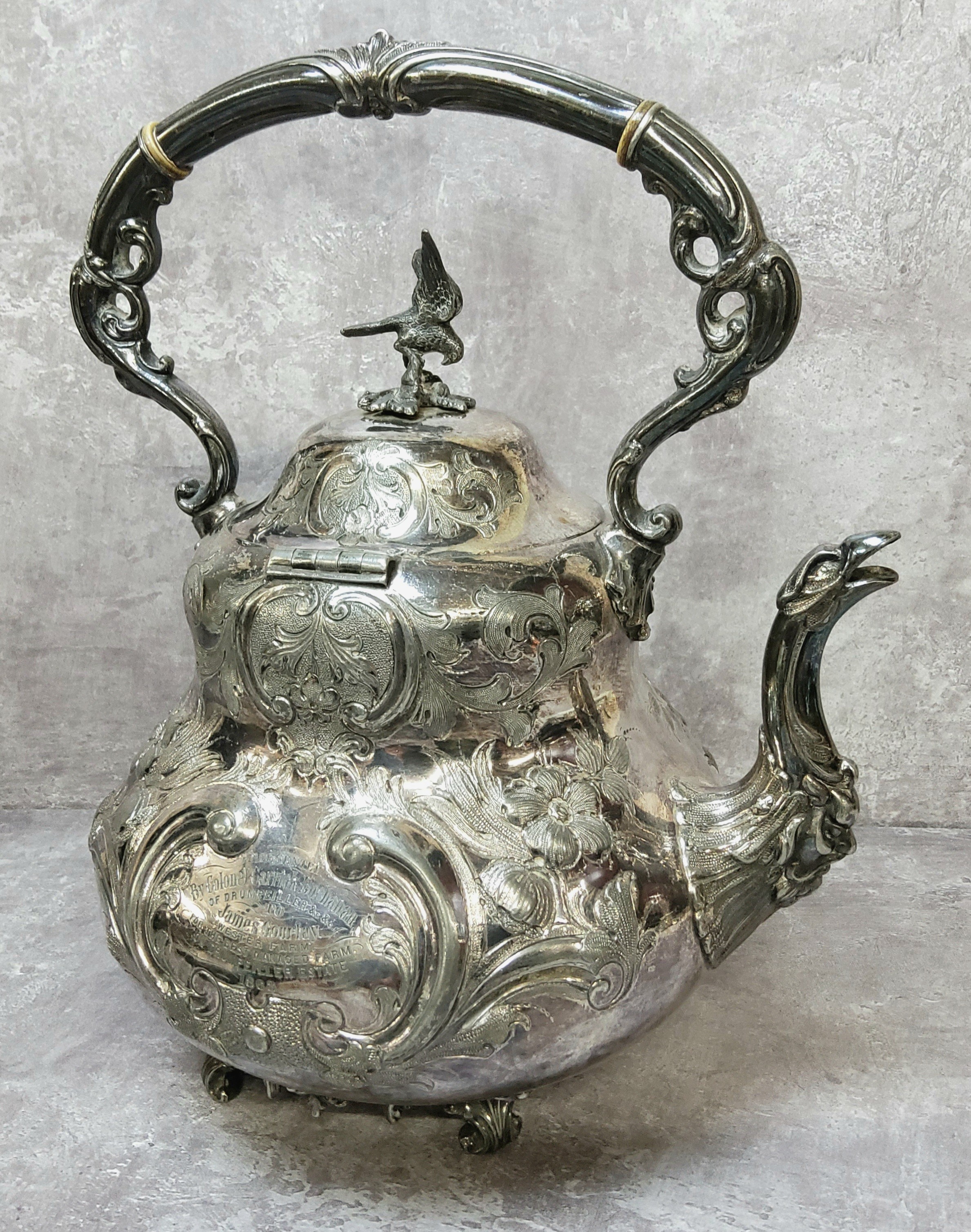 Scottish Interest - An Old Sheffield plate tea kettle, 'Presented by Colonel Carrick Buchanan to