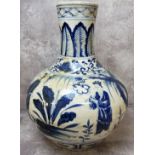 A large Ming Dynasty style Chinese bottle vase, blue and white decoration of elders drinking tea,