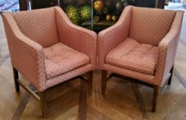 A pair of Regency style bedroom tub chairs, upholstered in tones of pink and gold 80cm high x 63cm