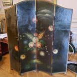 A hand painted four fold modesty screen, with a vibrant oil painted still life of a flower