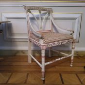A Continental bedroom chair, shape 'thistle' back splat, carved throughout in polychrome tones of