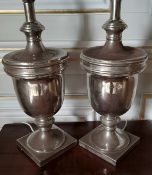 A pair of substantial chrome table lamps in the form of a classical urn 54cms high (af)