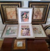 Pictures & prints including original watercolours; French advertising poster prints, all framed (7)