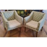 A pair of Regency style hotel reception tub chairs, upholstered tones of green, 80 cm h x 63cm d x