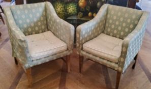 A pair of Regency style hotel reception tub chairs, upholstered tones of green, 80 cm h x 63cm d x