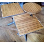 A pair of oak & brushed aluminium outdoor tables, quadruped base 60cms square x 70cms high (one