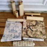 Attic Finds - Various Toile De Jouy rolls ofwallpaper, an old off cut, handwritten original