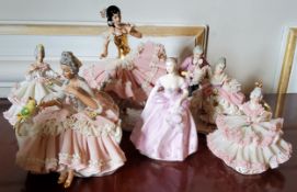 A Dresden lace figure of a Flamenco dancer; four other elegant ladies; a Coalport figure 'Karen' (6)