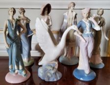 Decorative Ceramics - A NAO by Lladro model of a swan taking flight; six porcelain figures of