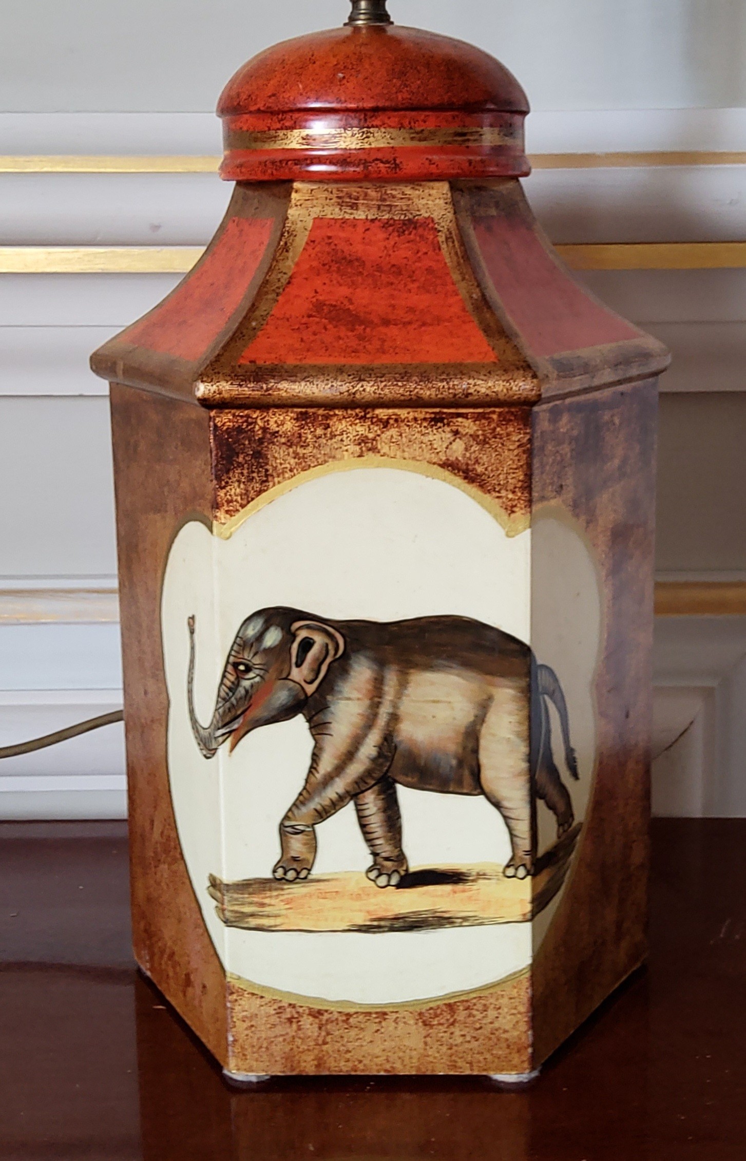 A contemporary hexagonal shaped painted metal lamp base in tones of terracotta & gold with two sides - Image 2 of 2