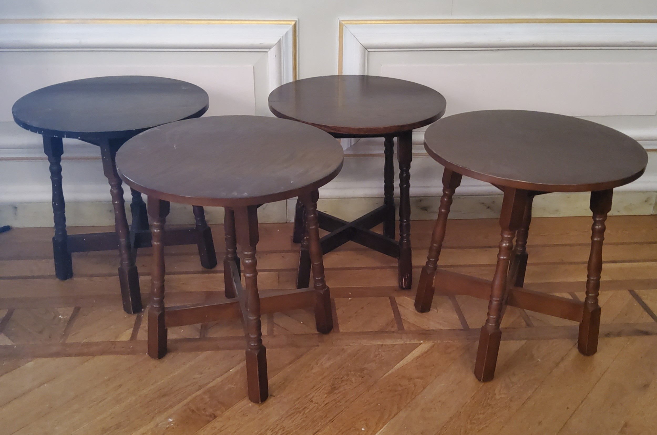 A good set of four English oak circular tavern / pub tables, out splayed legs, X-frame stretcher