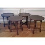 A good set of four English oak circular tavern / pub tables, out splayed legs, X-frame stretcher