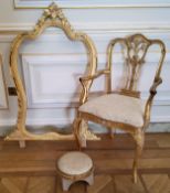 A Louis XVI cartouche gilt mirror frame, (129cmh  x 78cm wide) a Louis XVI gilt wood footstool and