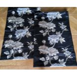 A pair of Roman blinds, machine embroidered roses in tones of cream, grey & gold on black silk,