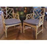 A good pair of 'George III' Chinese Chippendale Revival faux bamboo elbow chairs, washed in cream