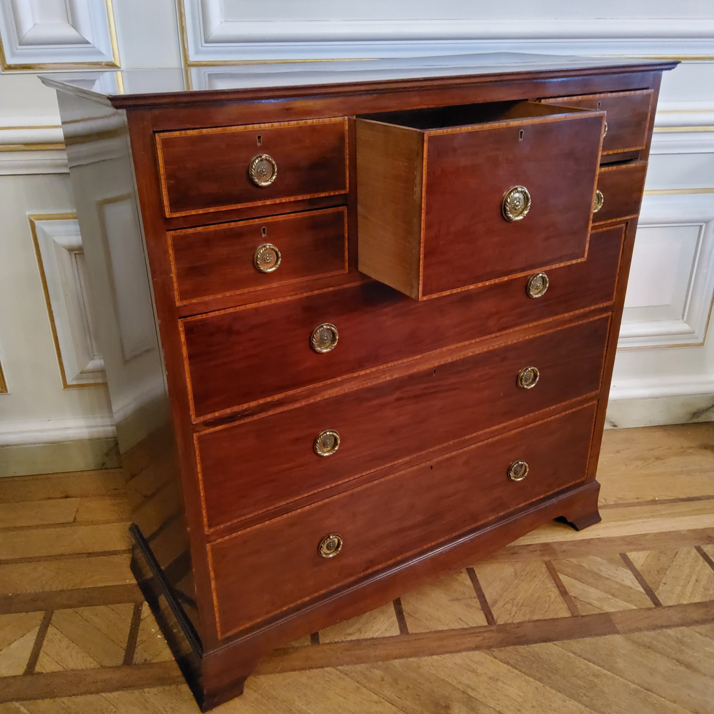 A large 'George III' Cuban mahogany Scottish chest of graduating satinwood crossbanded drawers, - Image 2 of 10