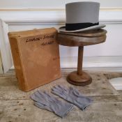 A rare sized Christys' grey top hat - size 7 3/8" with a pair of pleated grey gloves, boxed