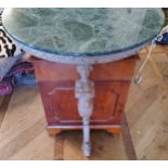 A 'limed oak' wall hanging console table, caryatid leg supporting a demi-lune green marble top 90