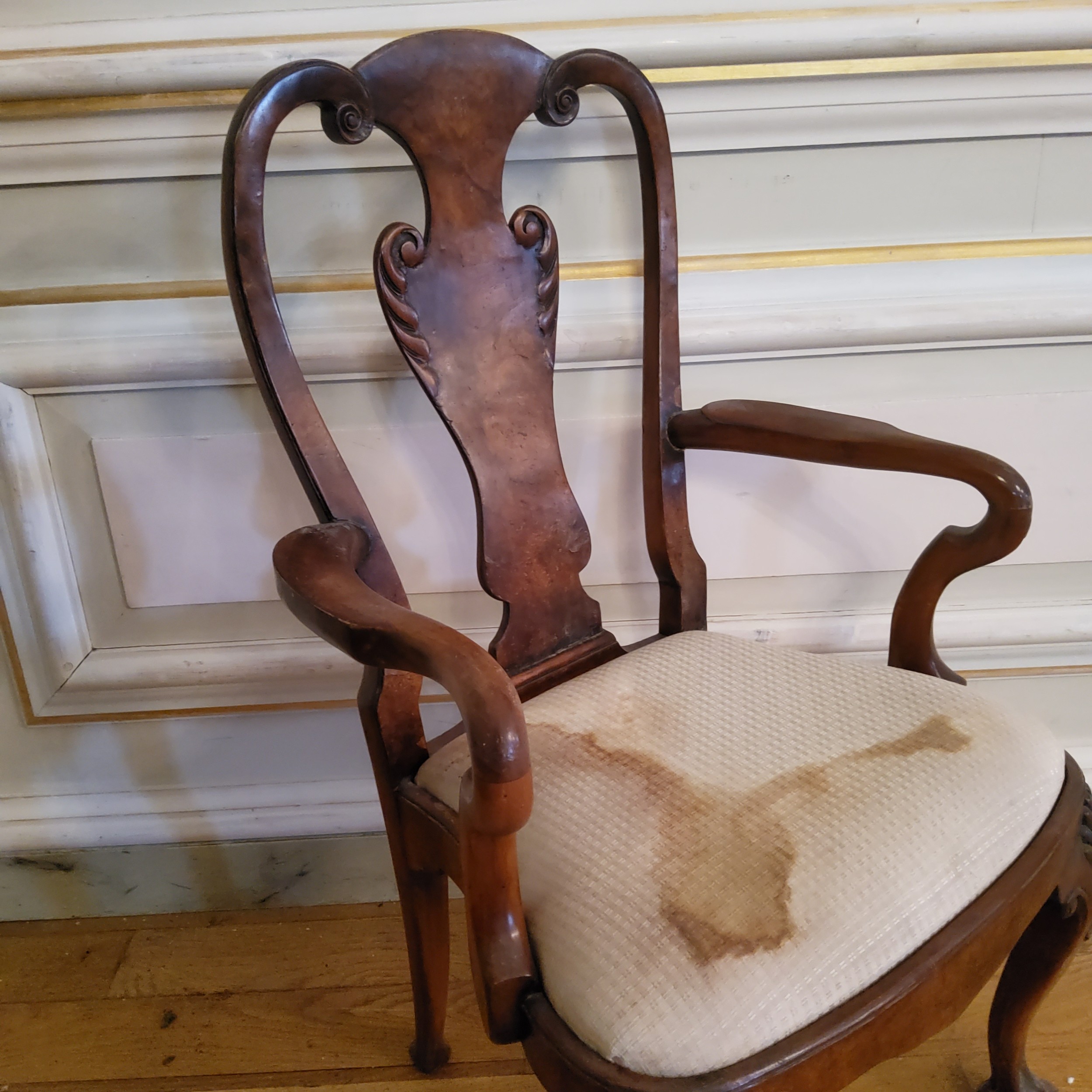 A George II design walnut shepherds crook open armchair raised on cabriole legs terminating with - Image 3 of 4