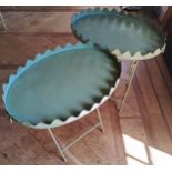 A French style oval garden table painted green metal, swing handles, raised shaped rim 65 w x