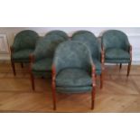 Seven, Frank Hudson mahogany framed reception tub chairs, green upholstered