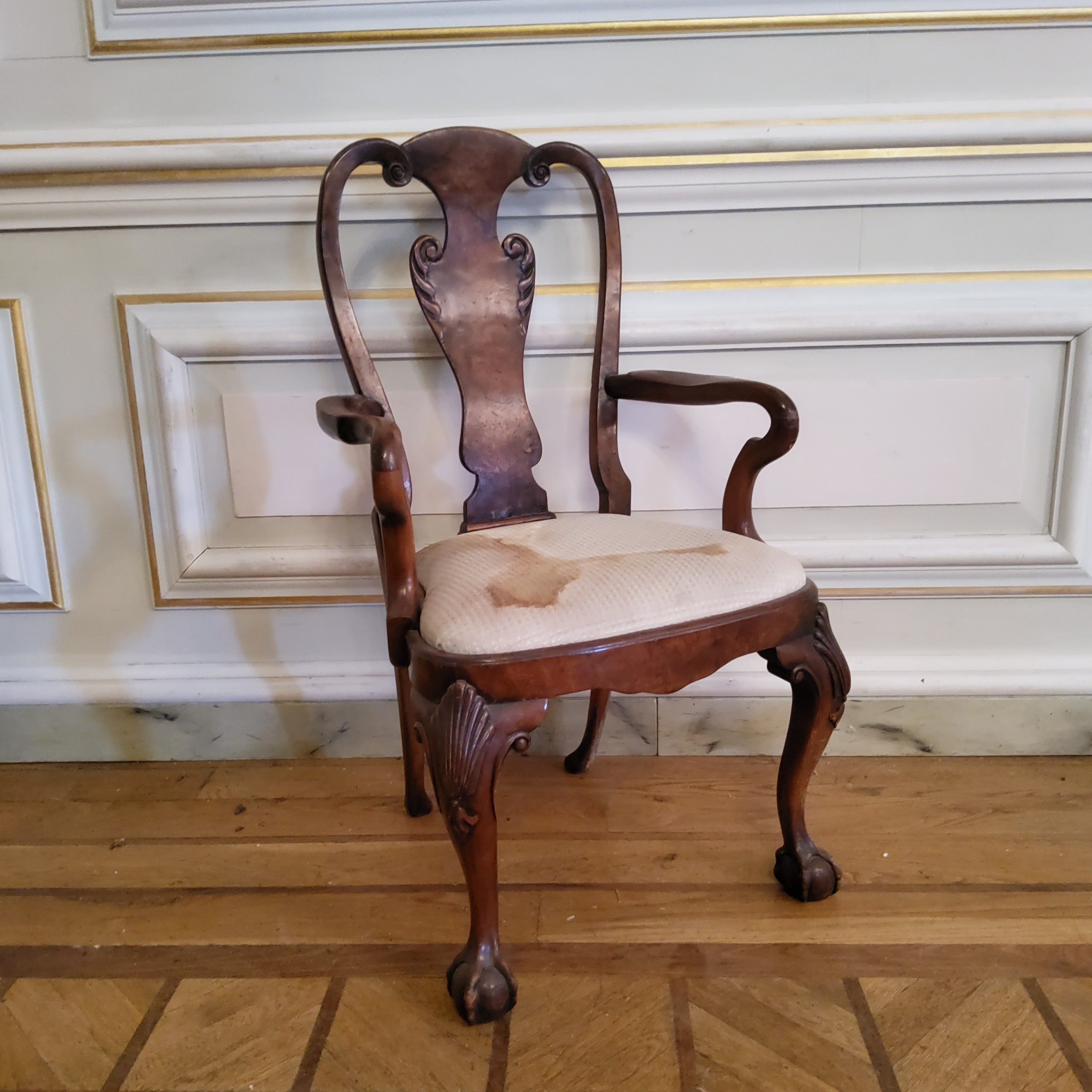 A George II design walnut shepherds crook open armchair raised on cabriole legs terminating with - Image 2 of 4