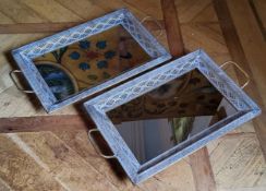 A pair of brass filigree two handled drinks trays with mirror base 39.5 x 70cms