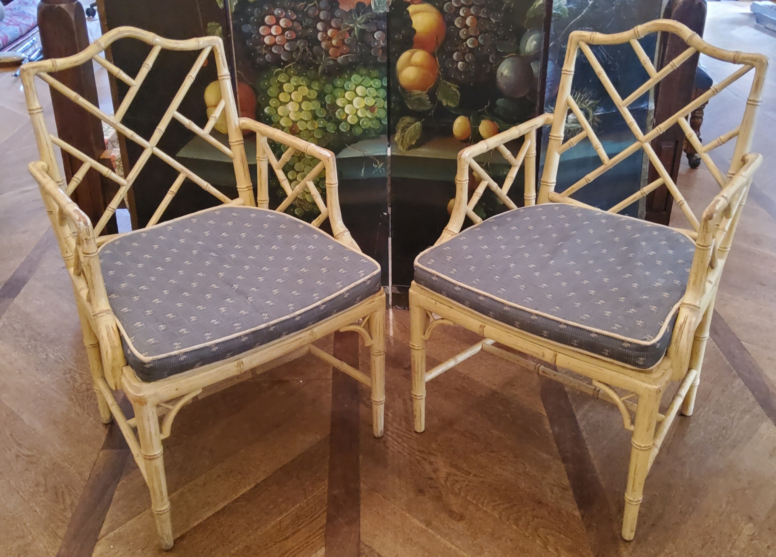 A good pair of 'George III' Chinese Chippendale Revival faux bamboo elbow chairs, washed in cream - Image 2 of 2