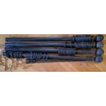 A pair of substantial contemporary curtain poles, fluted ball finials, black, rings, chrome brackets