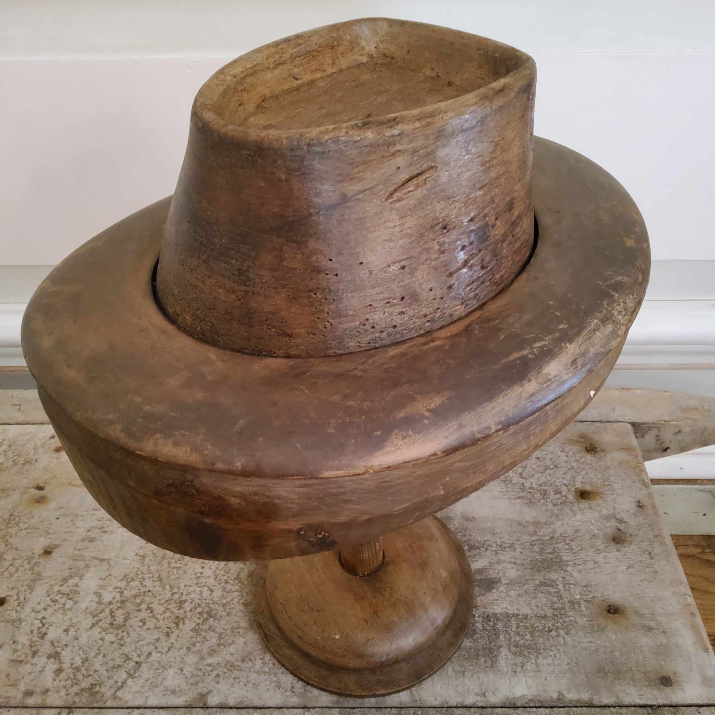 A 19th century French milliners fruit wood bowler hat block on stand - Image 3 of 4