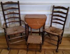 Oak Furniture - a near pair of early 19th century elm 'his and hers' farmhouse rush seated kitchen