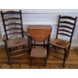 Oak Furniture - a near pair of early 19th century elm 'his and hers' farmhouse rush seated kitchen