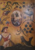 Interior Design - A large continental hand painted panel depicting a maiden and her dog, stylised