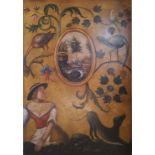 Interior Design - A large continental hand painted panel depicting a maiden and her dog, stylised