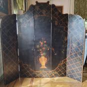 A substantial five shaped panel modesty screen, hand painted with a bamboo trellis intertwined