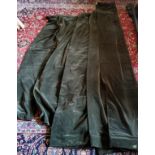 A pair of dark green velvet jabot/cascade curtains, 260cms; three single jabot/cascade curtains