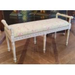 A Louis XV style French duet stool, painted in white. 114cm long  x 58cm high x 38cm deep