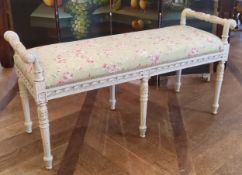 A Louis XV style French duet stool, painted in white. 114cm long  x 58cm high x 38cm deep