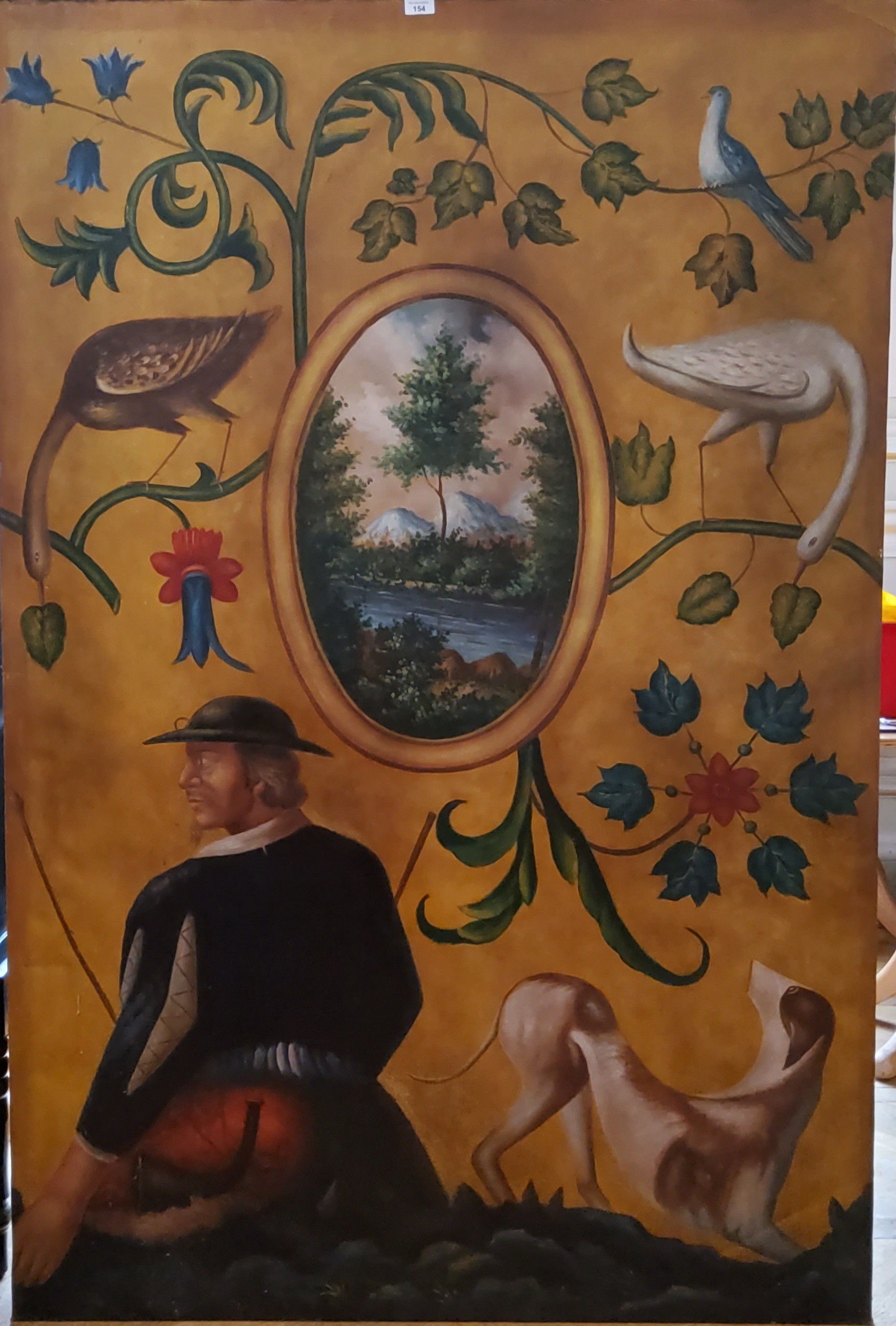 A large continental style oil on canvas panel, a beau and his dog, stylised herons in foliage, the