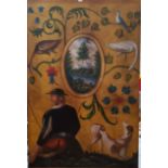 A large continental style oil on canvas panel, a beau and his dog, stylised herons in foliage, the