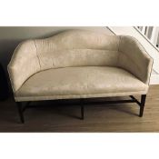A George III two seater sofa, cream damask fabric, h-stretcher tapering mahogany legs